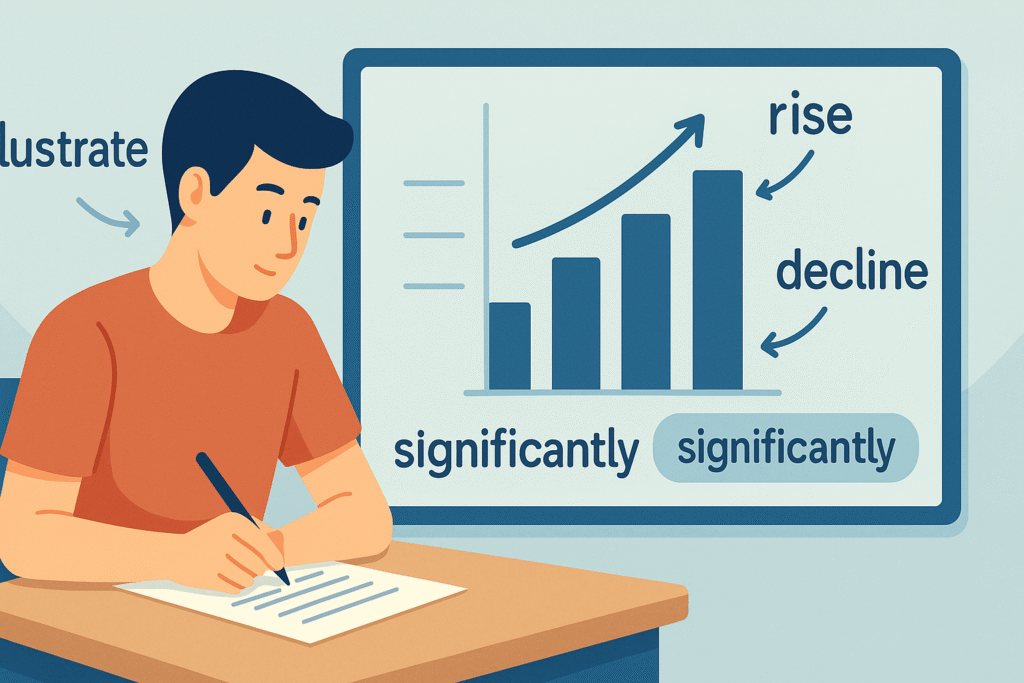 IELTS Bar Chart vocabulary with a student writing Task 1 essay and a bar chart showing rise, decline, and comparison words for Band 7+