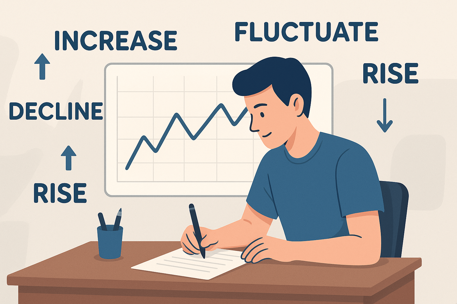 IELTS line graph vocabulary with student writing and trend words like increase, decline, and fluctuate for Band 7+ Writing Task 1
