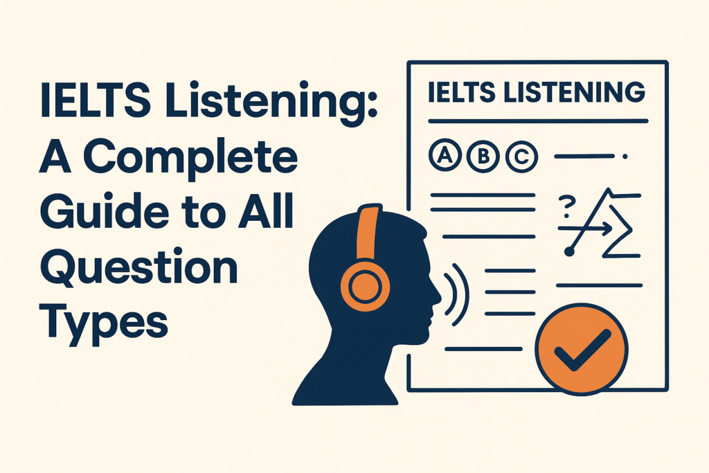 Illustration of IELTS Listening question types with student wearing headphones and test sheet showing multiple choice, fill-in-the-blank, and map labelling examples