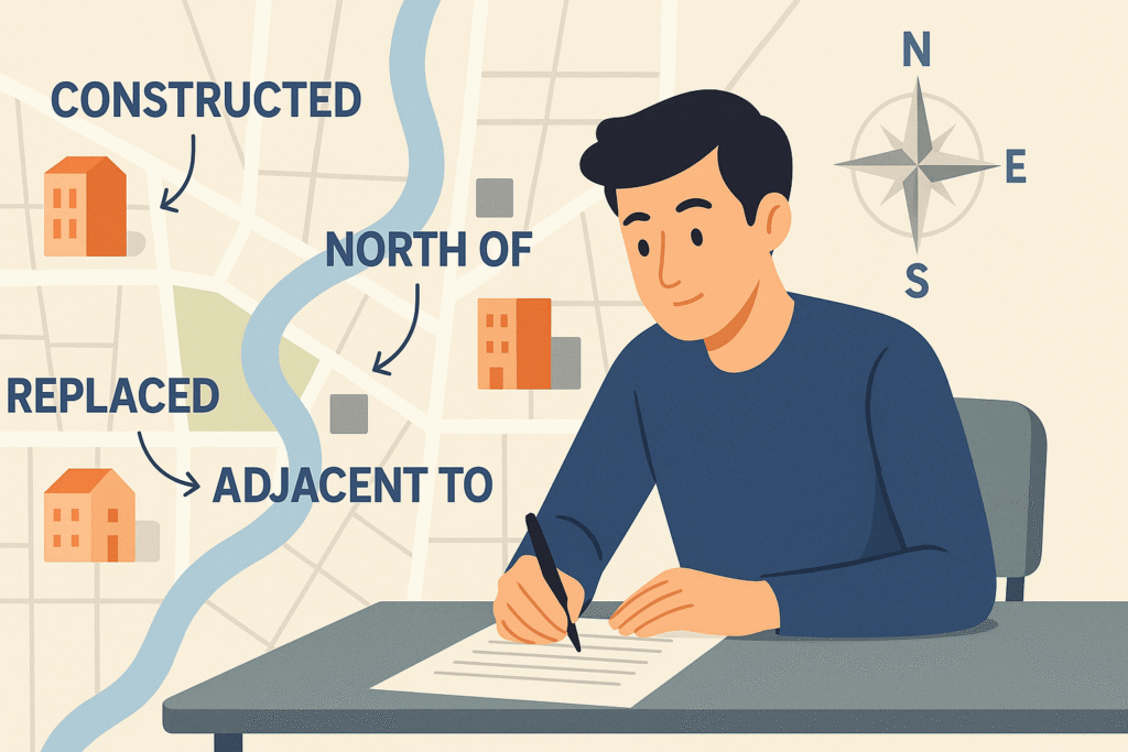 IELTS Map vocabulary visual showing a student writing Task 1 essay with a map, arrows, and academic words to describe changes and locations for Band 7+