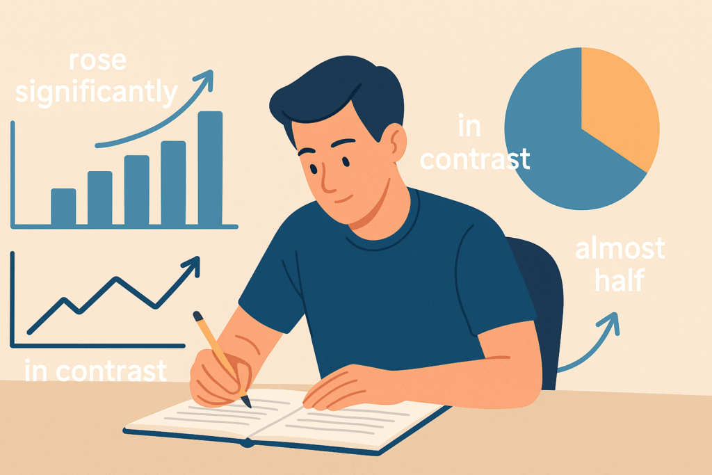 IELTS Mixed Charts vocabulary for Writing Task 1 with bar, line, and pie chart illustration