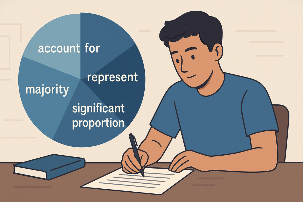 IELTS Pie Chart vocabulary with a student writing Task 1 essay and a pie chart showing proportions, segments, and academic words for Band 7+