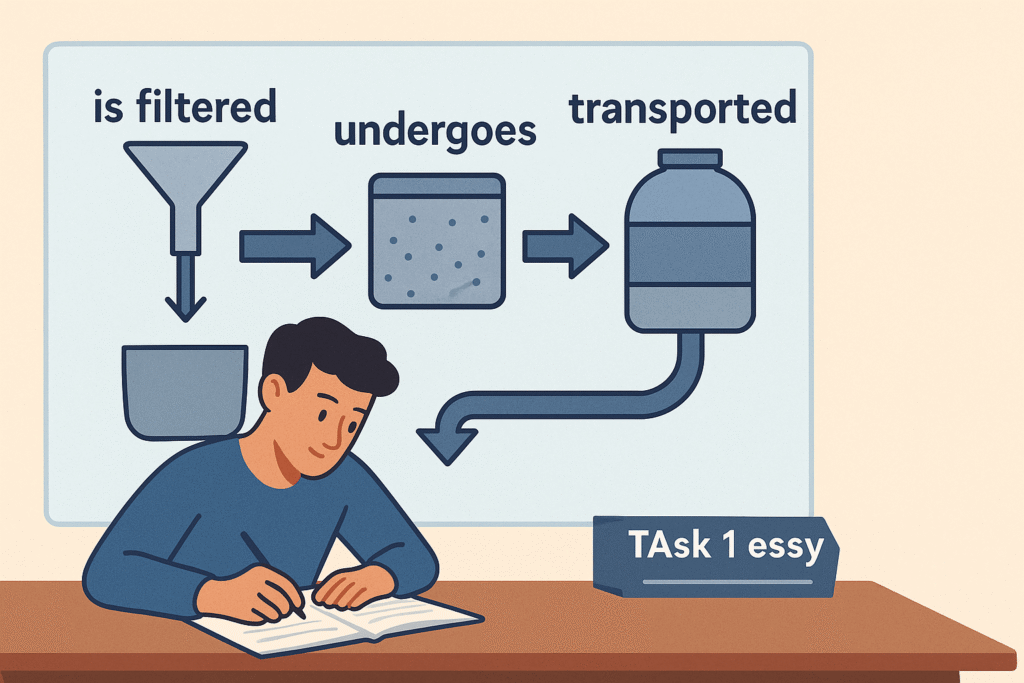 IELTS Process Diagram vocabulary with student writing Task 1 essay and process steps illustration