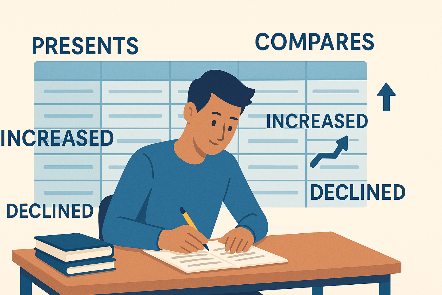 IELTS Table vocabulary with a student writing Task 1 essay and a data table showing rows, columns, trends, and academic words for Band 7+