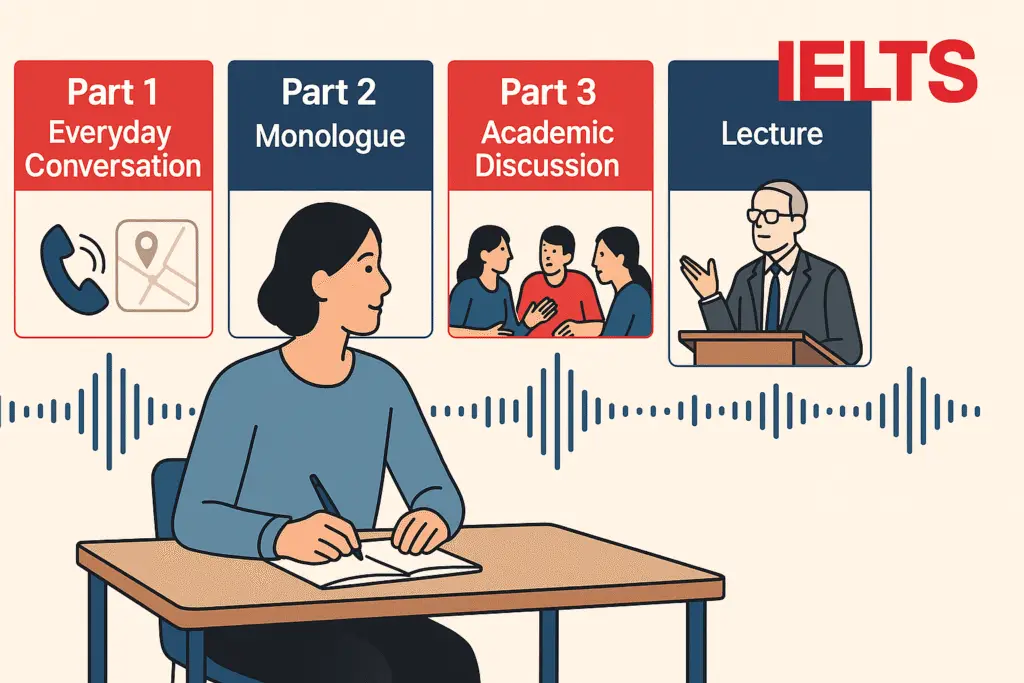 Student preparing for the 4 parts of IELTS Listening with section visuals
