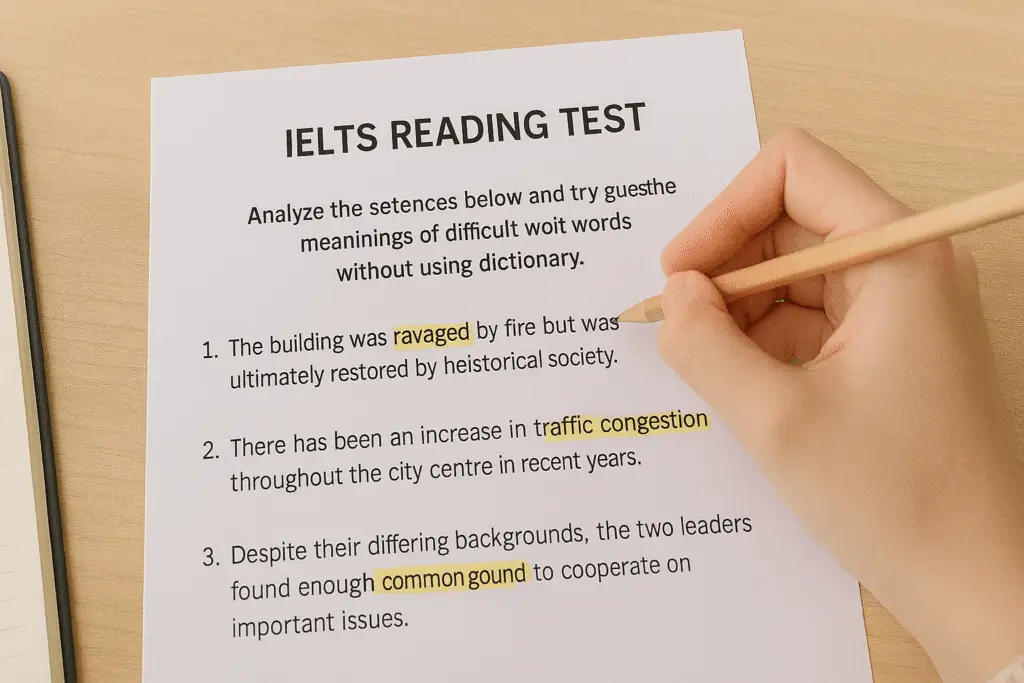 Difficult words in IELTS Reading guessed using context and sentence structure