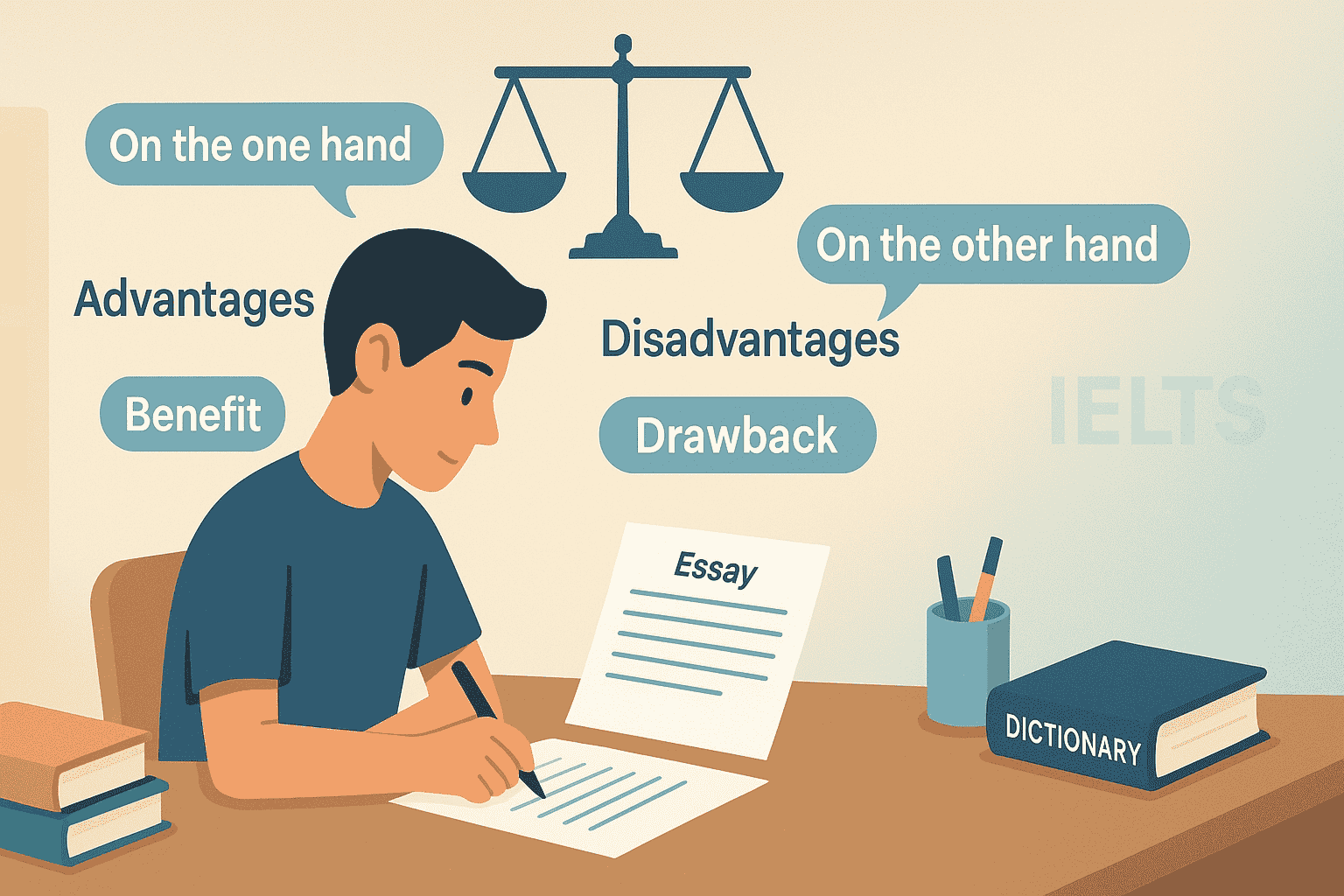 IELTS advantages and disadvantages essay vocabulary with pros and cons phrases for Task 2 writing