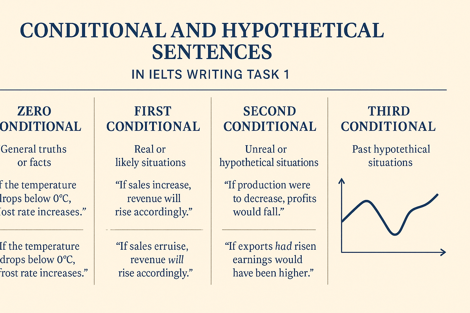 Infographic explaining IELTS conditionals writing task 1 with examples of conditional and hypothetical grammar.