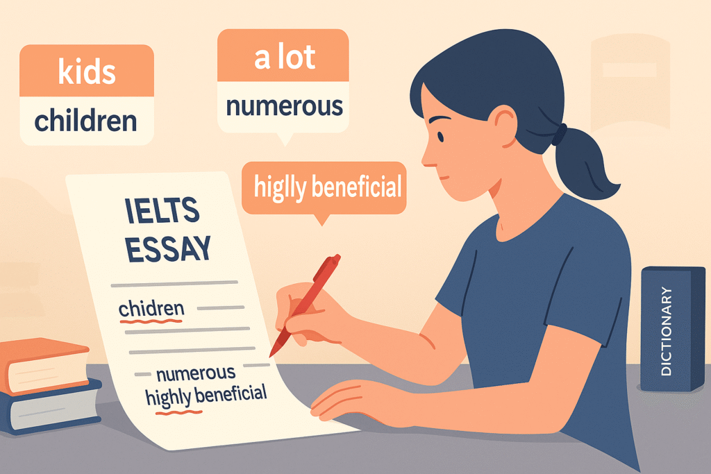 IELTS formal vocabulary for Writing Task 2 with academic alternatives to replace informal words