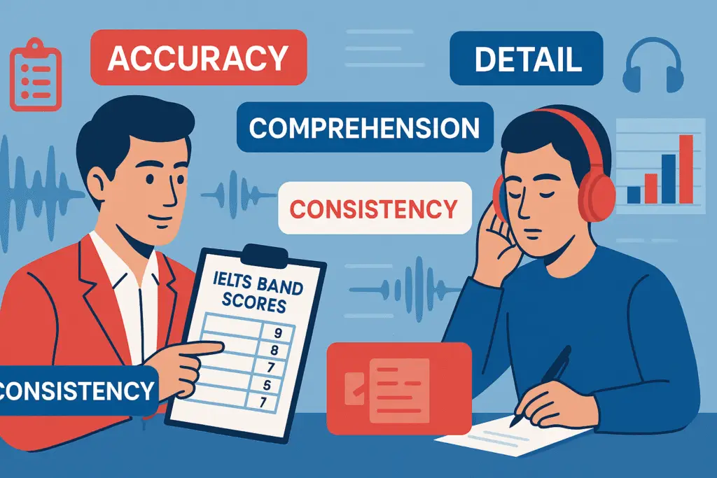 Illustration showing IELTS Listening Band Descriptors with examiner and student in an assessment scenario
