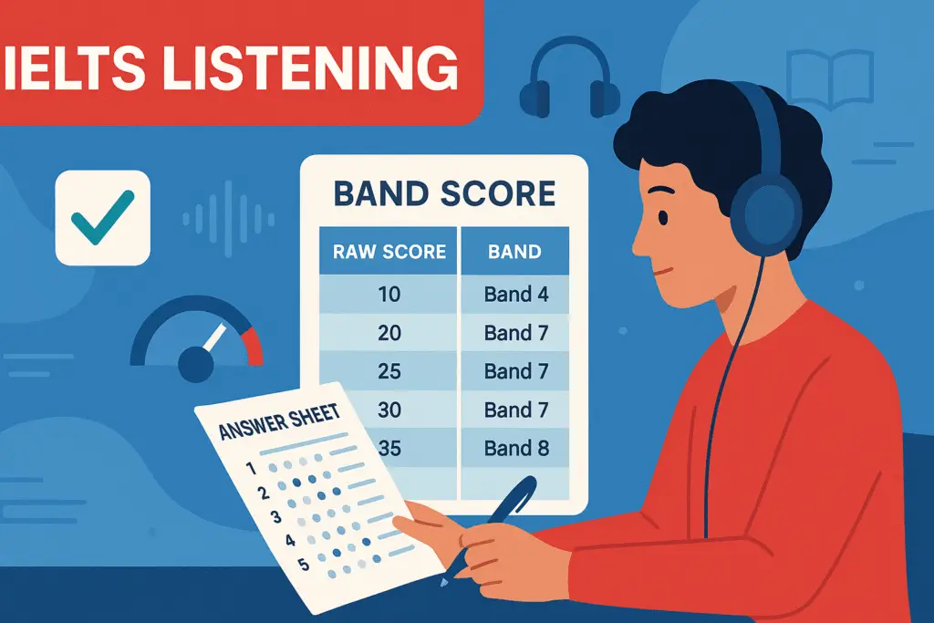 Student reviewing IELTS Listening Band Score with conversion chart and answer sheet