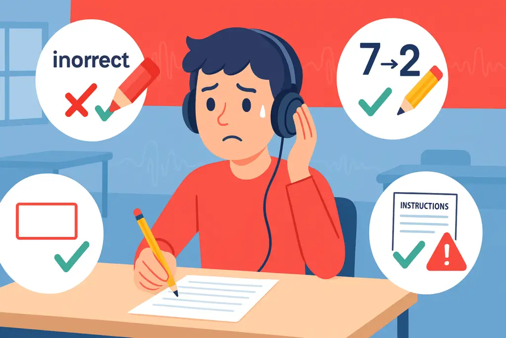 Student facing IELTS Listening common mistakes during a test with visual fixes and checklist