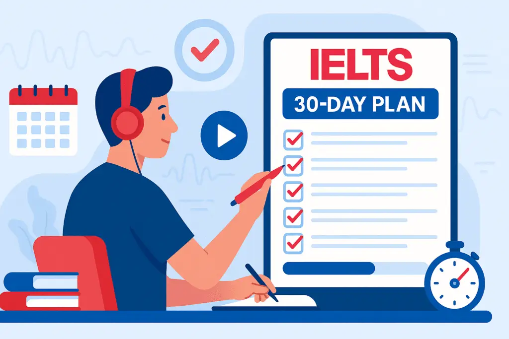 IELTS Listening Daily Practice 30-Day Plan with checklist and audio tasks