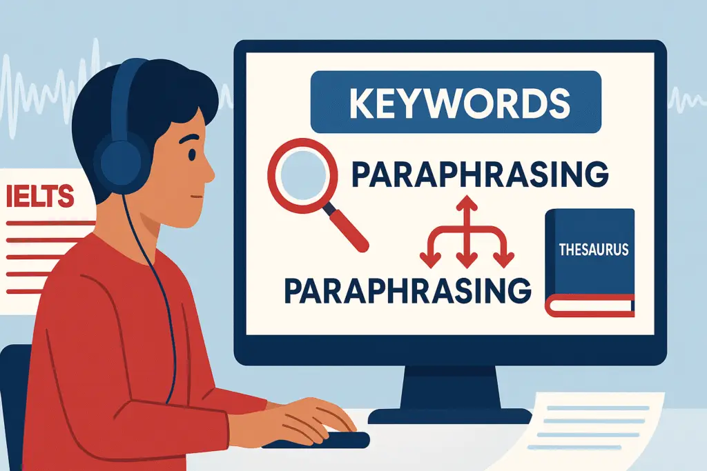 IELTS student practicing listening for keywords, paraphrasing, and synonyms