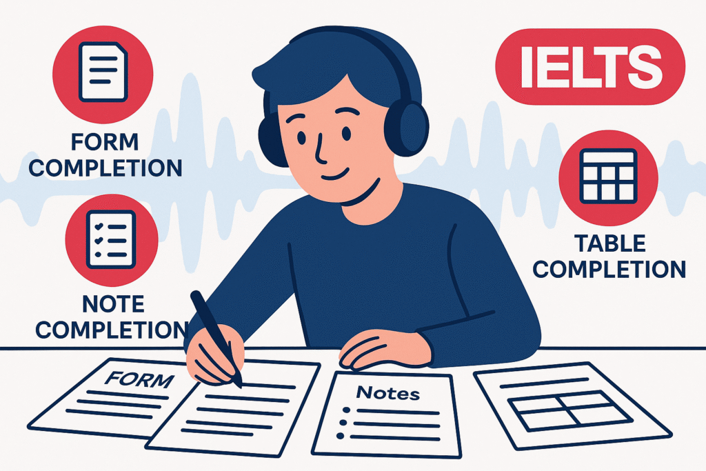 IELTS Listening Form, Note, and Table Completion strategy illustration