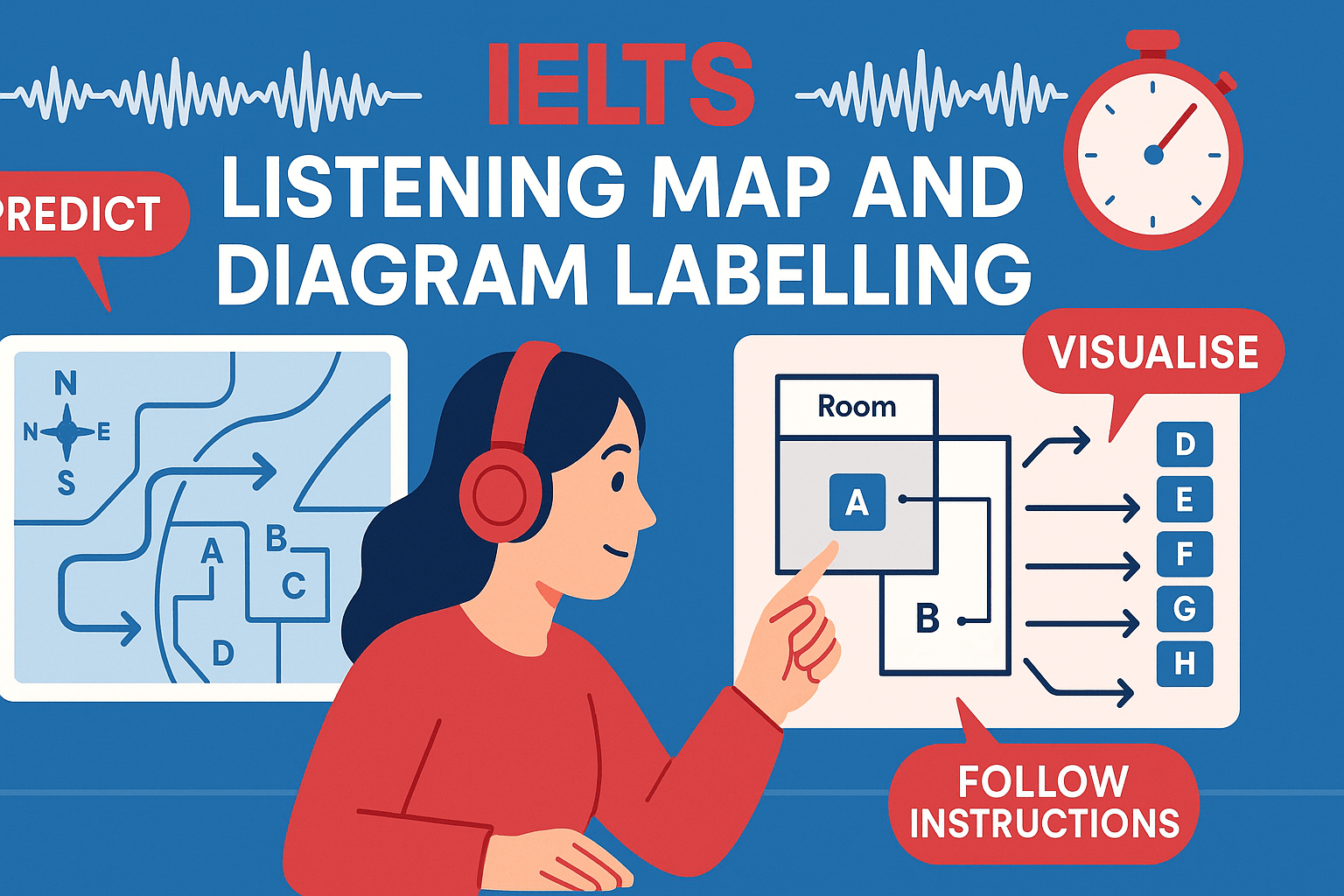 IELTS Listening Map and Diagram Labelling illustration with student, map, and labelled diagram