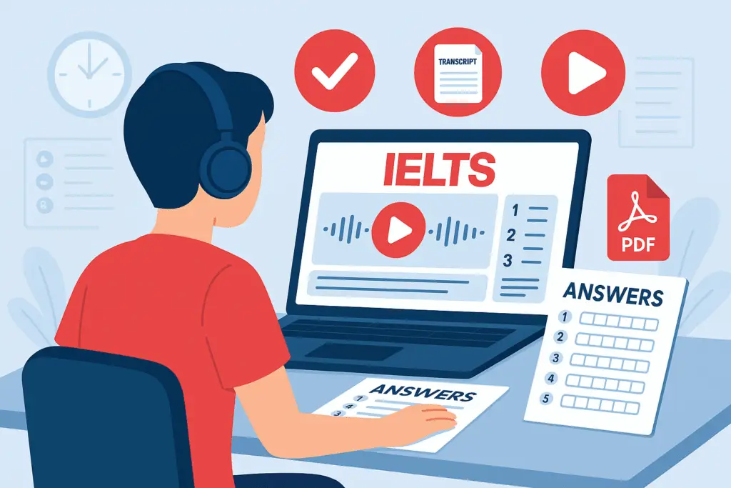 Student taking IELTS Listening Practice Test with Answers using headphones, with online interface and answer sheet.