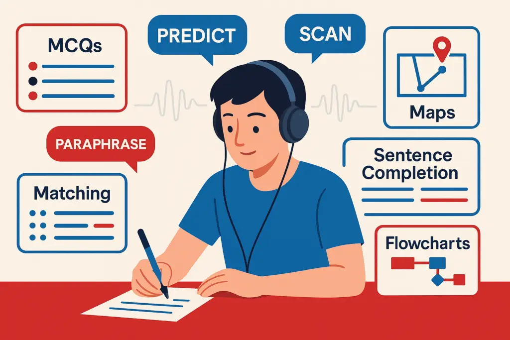 IELTS Listening question types illustrated guide with icons and strategies