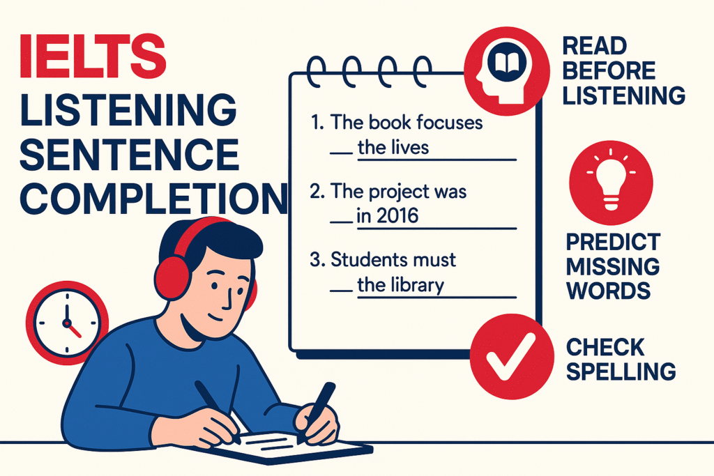 IELTS Listening Sentence Completion tips and strategies illustration