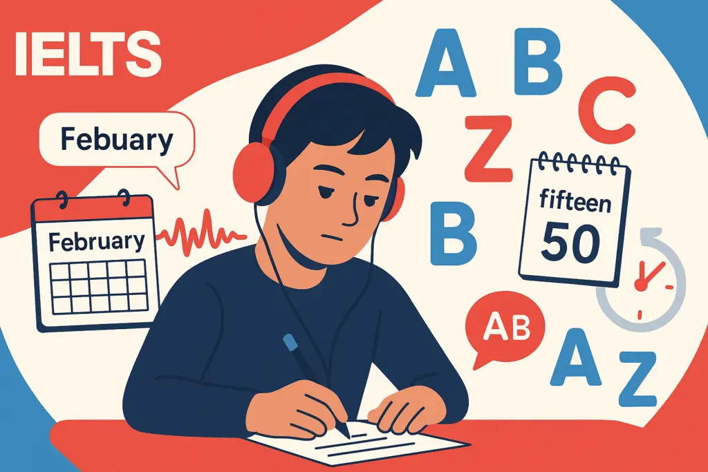 IELTS Listening spelling numbers dates mistakes illustration