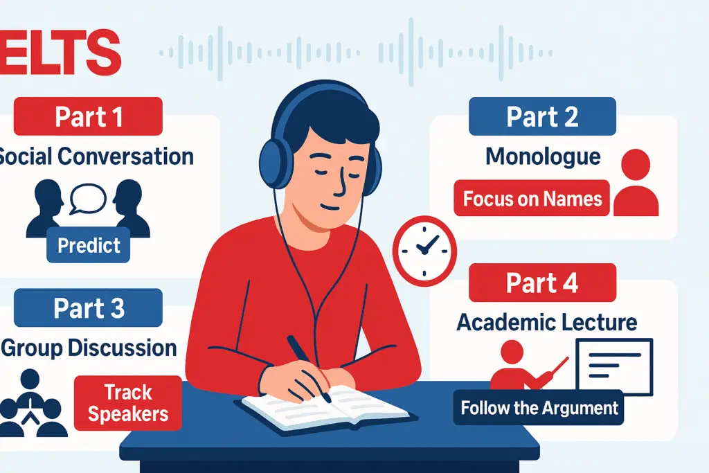IELTS Listening strategies for Parts 1 to 4 visual guide