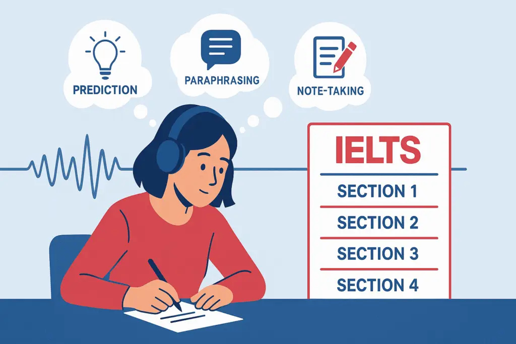 Illustration of IELTS Listening strategies with prediction, paraphrasing, and note-taking skills.