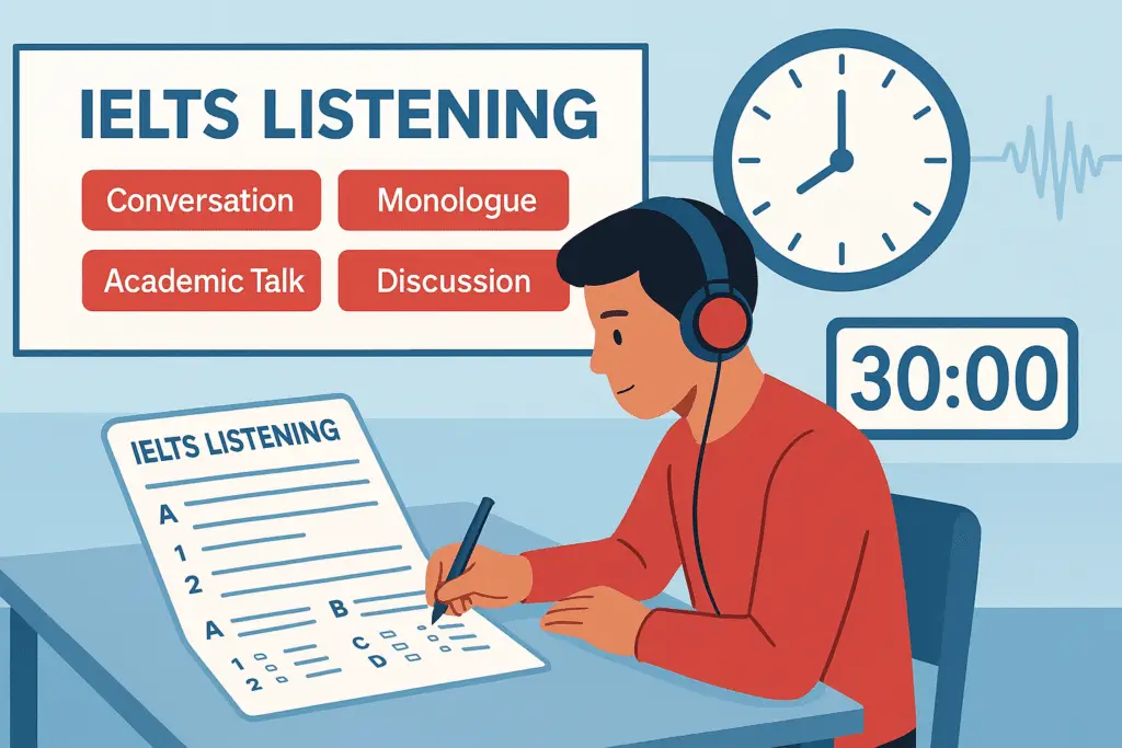 IELTS Listening Test Format and Timing infographic with student and sections