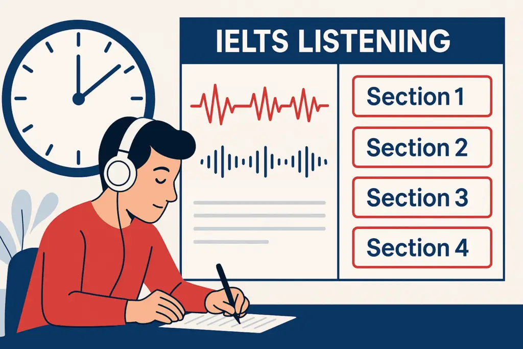Illustration showing the IELTS Listening Test Format with four sections, audio waves, and a student wearing headphones.