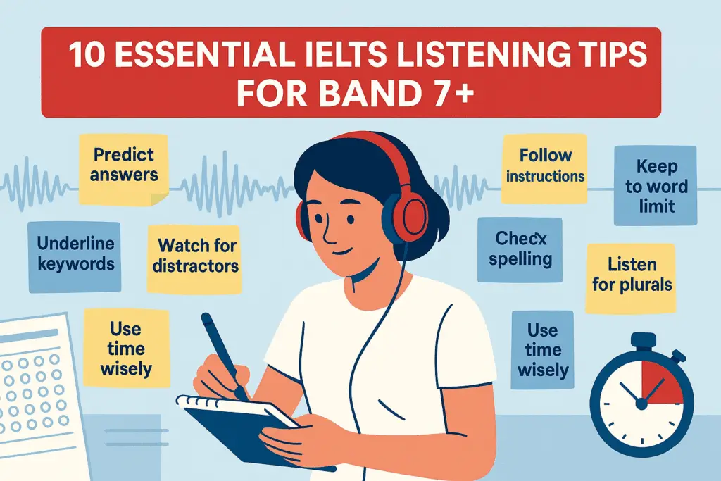 IELTS Listening Tips illustration with student and test strategies
