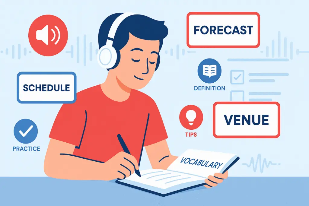 IELTS Listening Vocabulary student with flashcards and audio practice