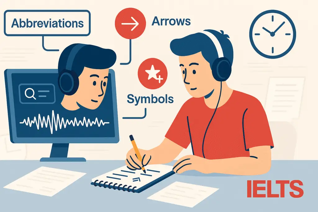 Student using note-taking techniques for IELTS Listening success