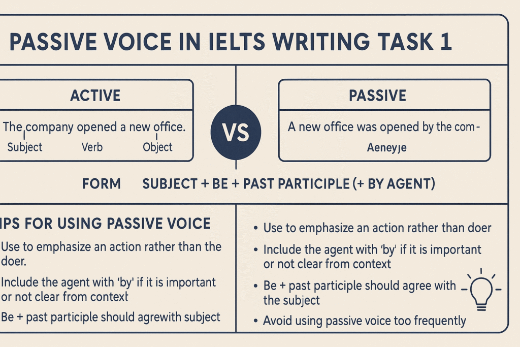 Infographic explaining IELTS passive voice usage with examples for Writing Task 1