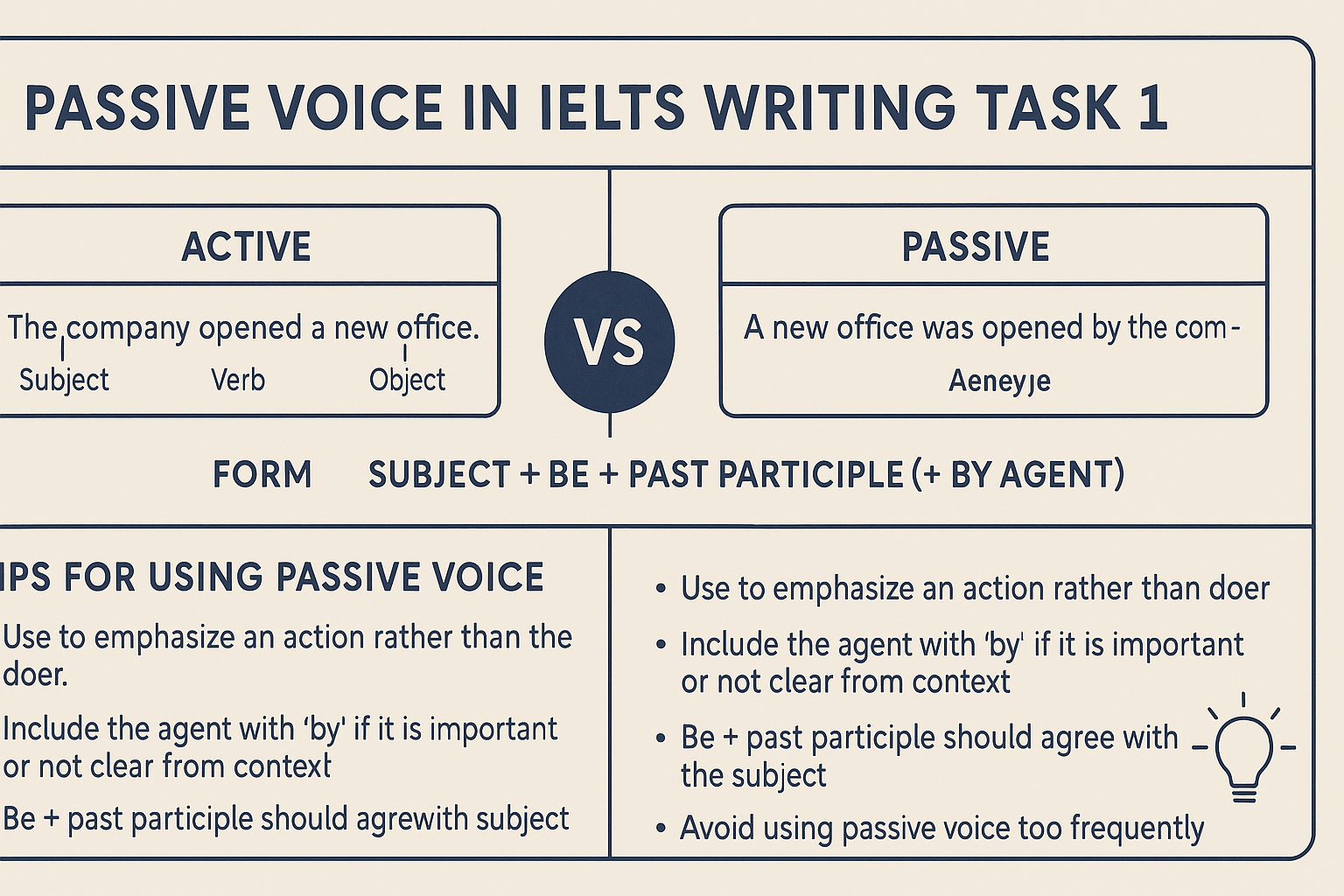 Infographic explaining IELTS passive voice usage with examples for Writing Task 1