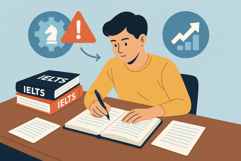 Student studying with IELTS books, showcasing IELTS practice strategies and common mistakes