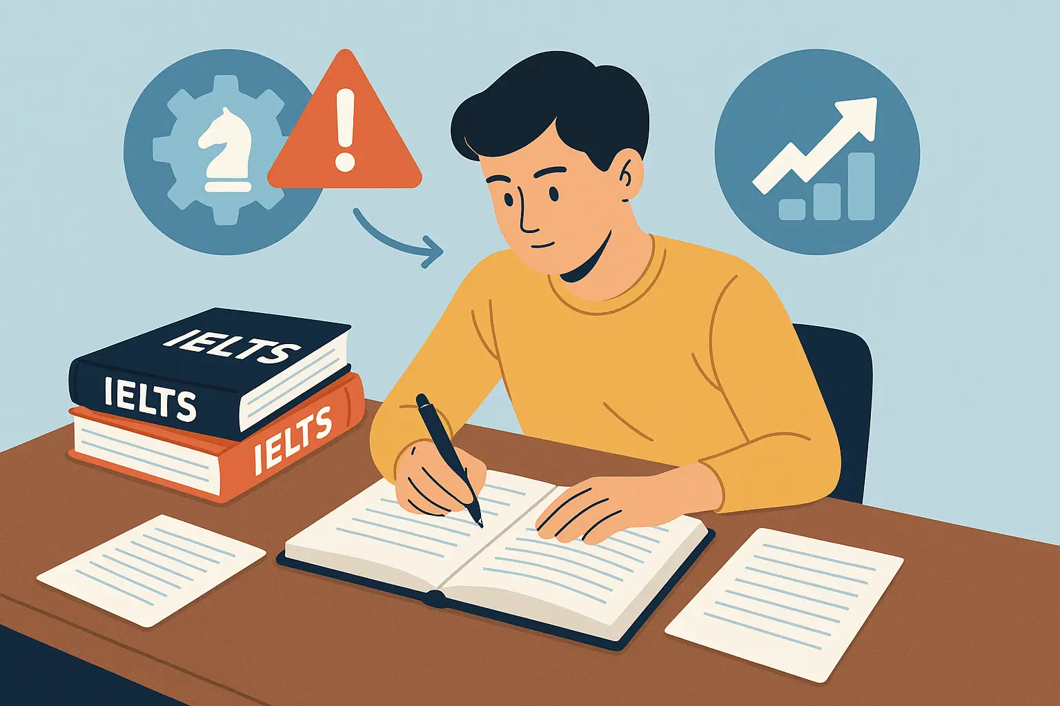 Student studying with IELTS books, showcasing IELTS practice strategies and common mistakes