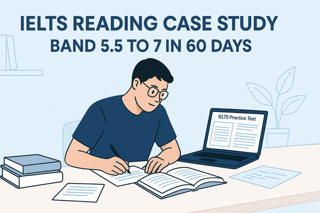 Student achieving IELTS reading case study band 5.5 to 7 in 60 days with daily practice and effective strategies.