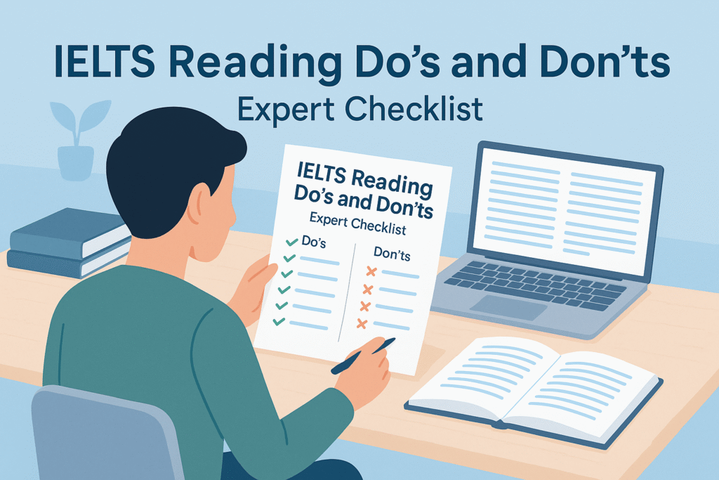 Student reviewing IELTS reading dos and don’ts checklist with notes, books, and practice papers in a study setting.