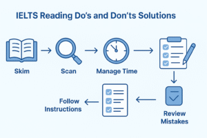 Flowchart showing IELTS reading dos and don’ts solutions with steps: skim, scan, manage time, follow instructions, and review mistakes.