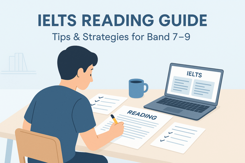 Student using IELTS reading guide with tips and strategies to prepare for Band 7–9 success in the IELTS Reading test.