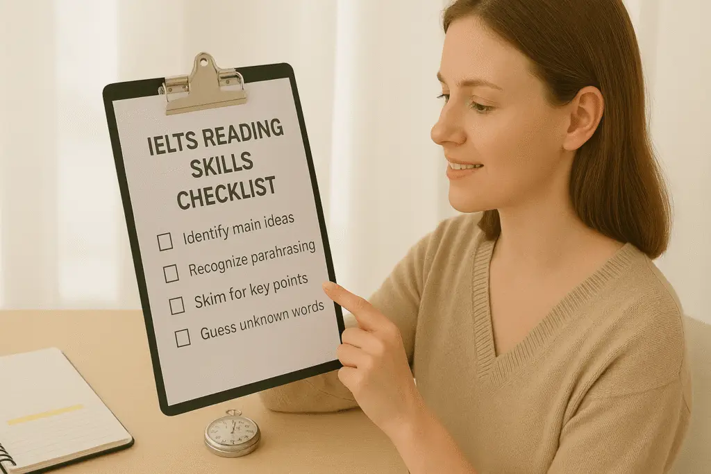 IELTS reading skills checklist for Band 9 preparation and self-evaluation