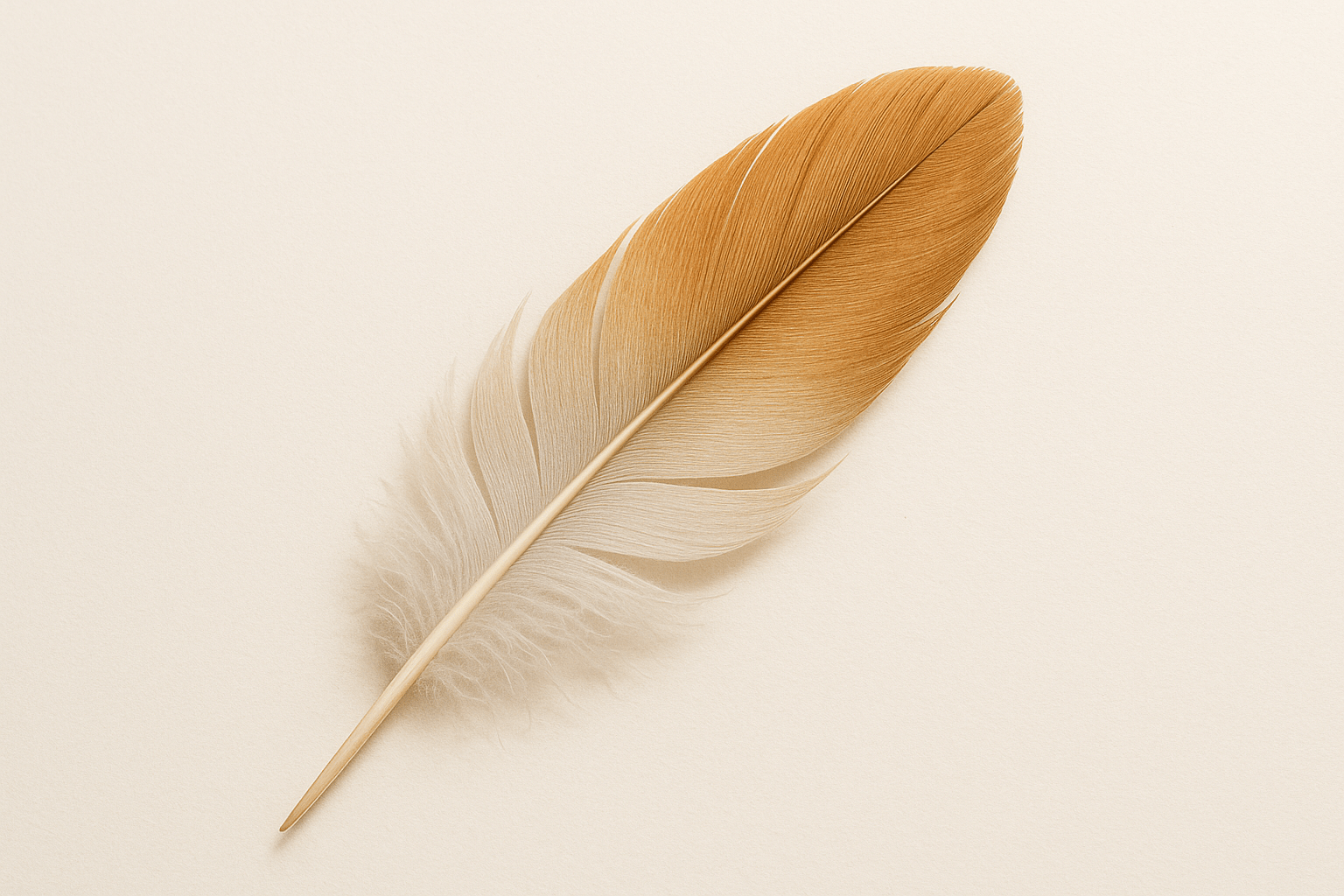 Close-up golden brown feather on soft beige background symbolizing precision in IELTS reading table and note completion