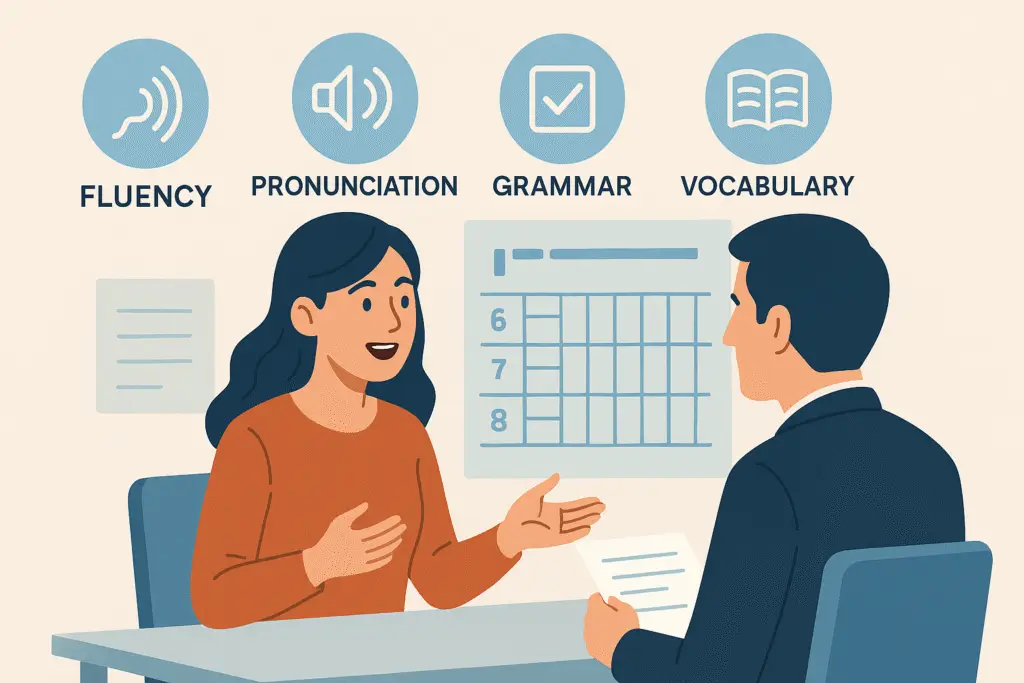 Confident student demonstrating IELTS Speaking Band Descriptors during exam