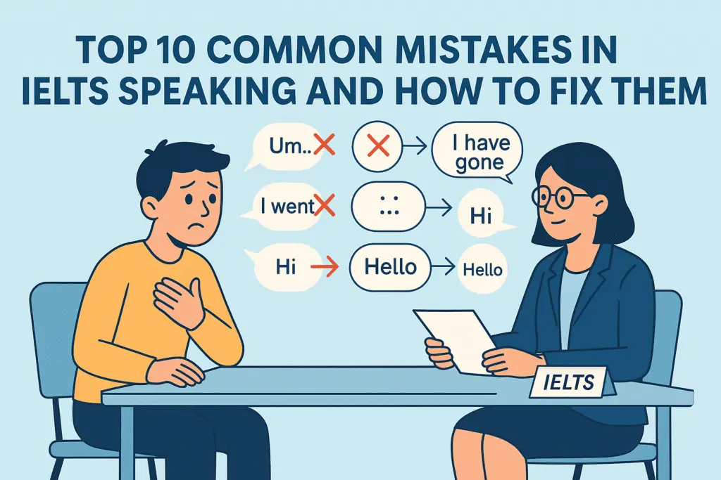 Illustration showing IELTS Speaking mistakes with correction arrows and student during test