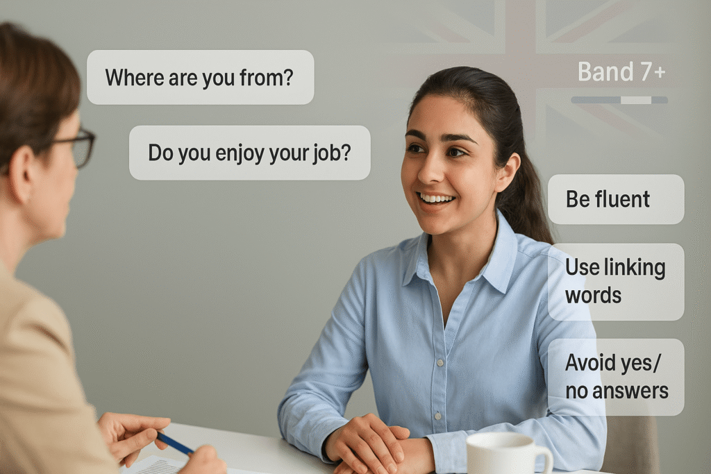 IELTS Speaking Part 1 candidate answering sample questions with Band 7+ tips