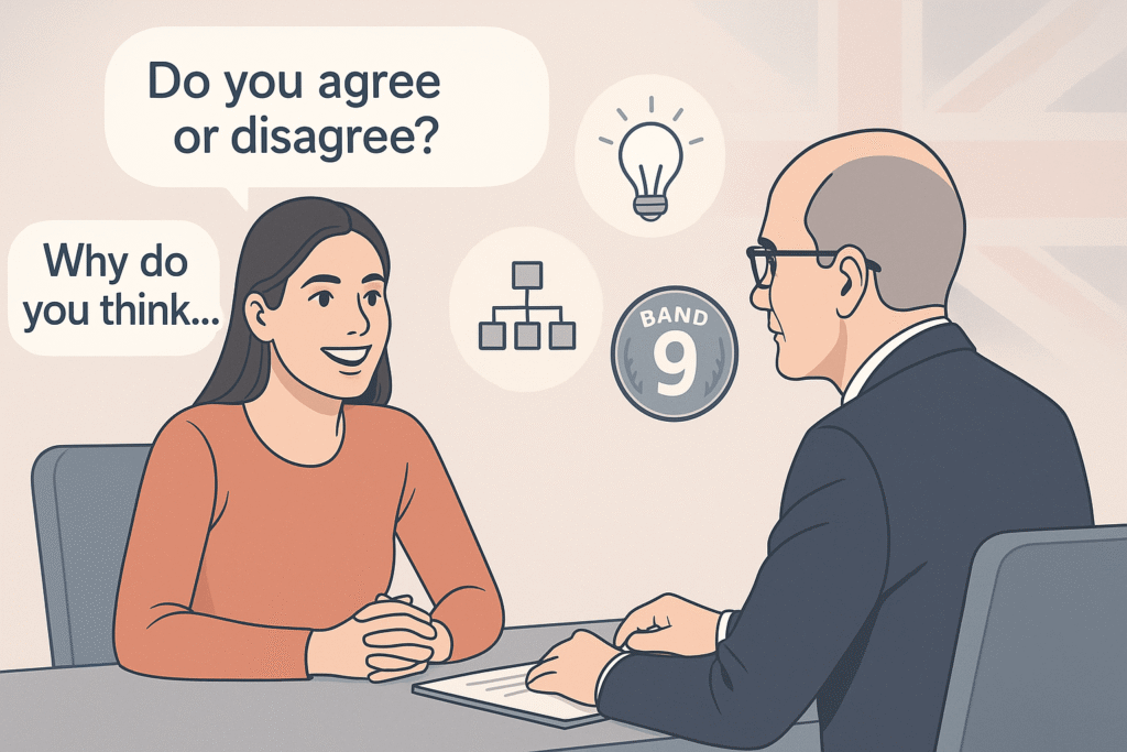 IELTS Speaking Part 3 with opinion-based question strategies and Band 9 icons