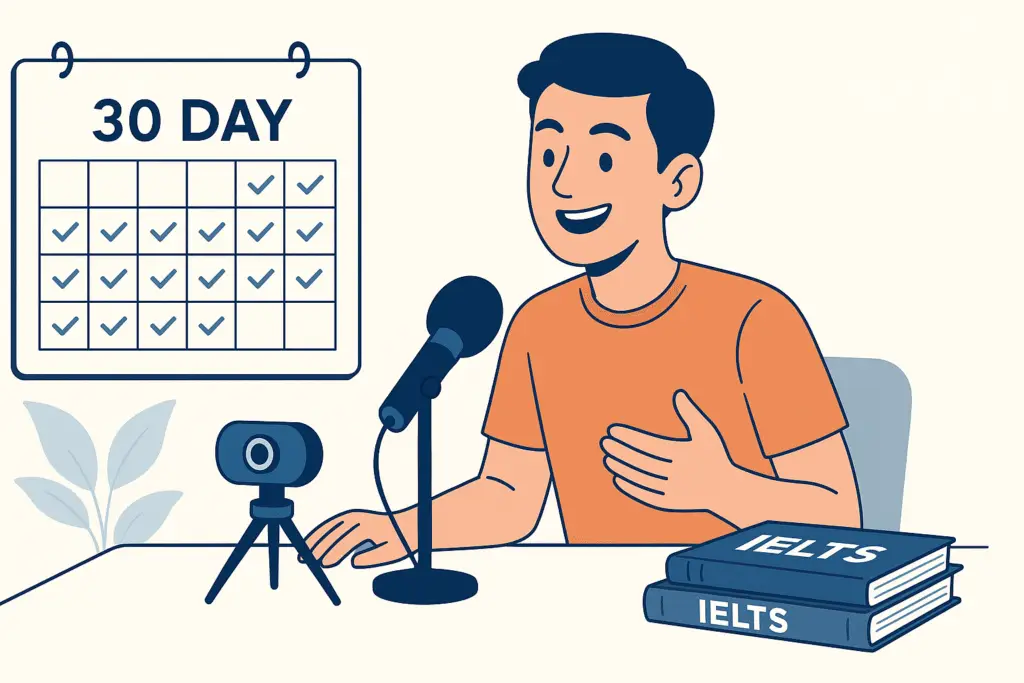 Illustration of a student following an IELTS Speaking Practice Routine for 30 days