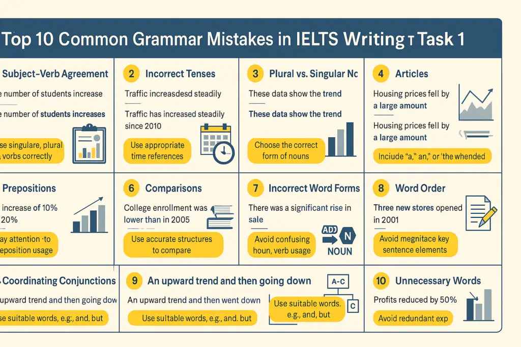 Infographic showing the top IELTS task 1 grammar mistakes and how to avoid grammar errors in IELTS writing task 1.