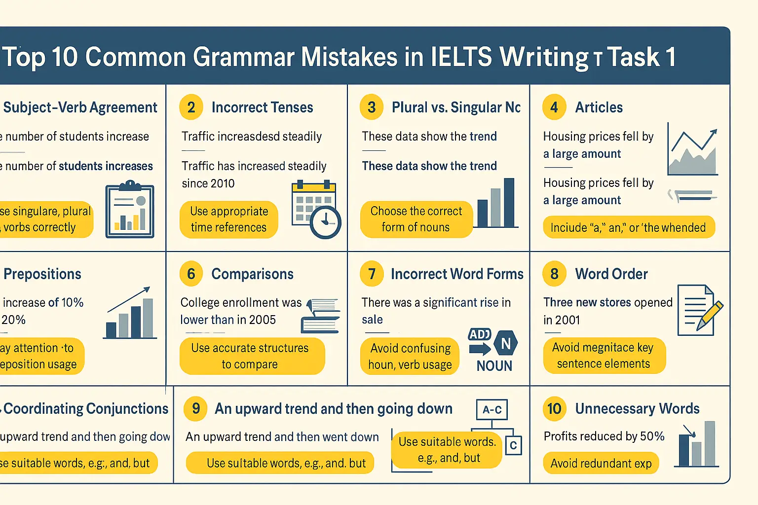 Infographic showing the top IELTS task 1 grammar mistakes and how to avoid grammar errors in IELTS writing task 1.