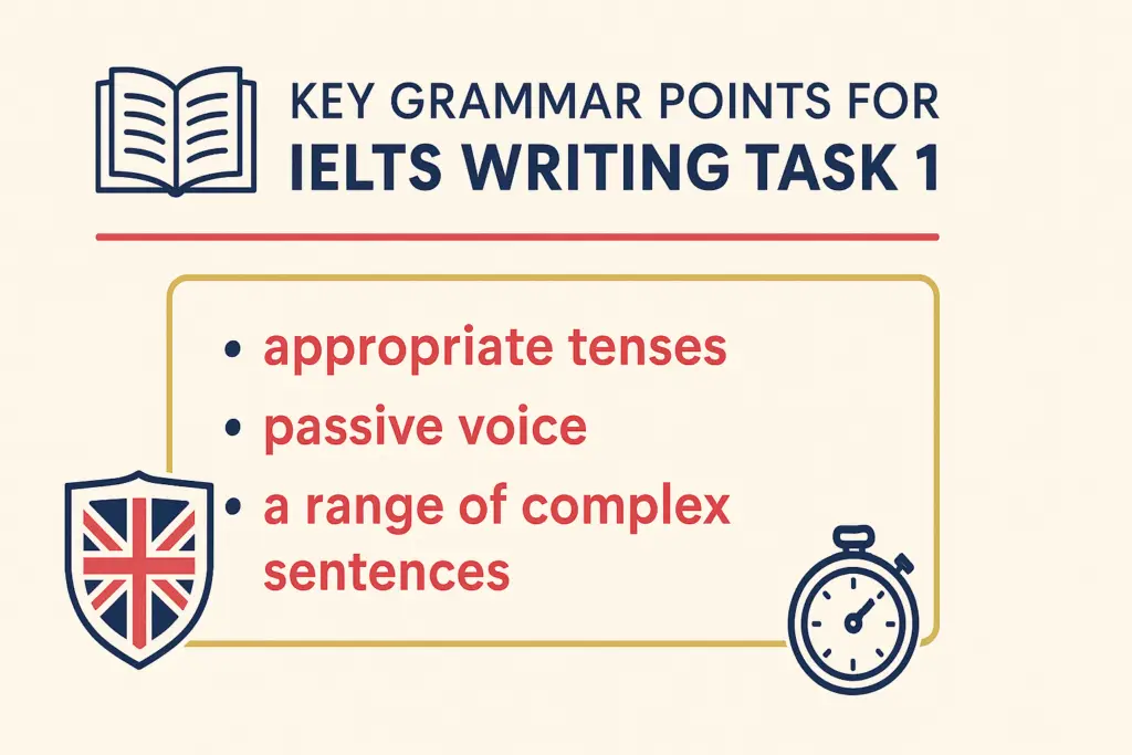 Infographic showing essential IELTS writing task 1 grammar tips for Band 7–9, including tenses and sentence structures