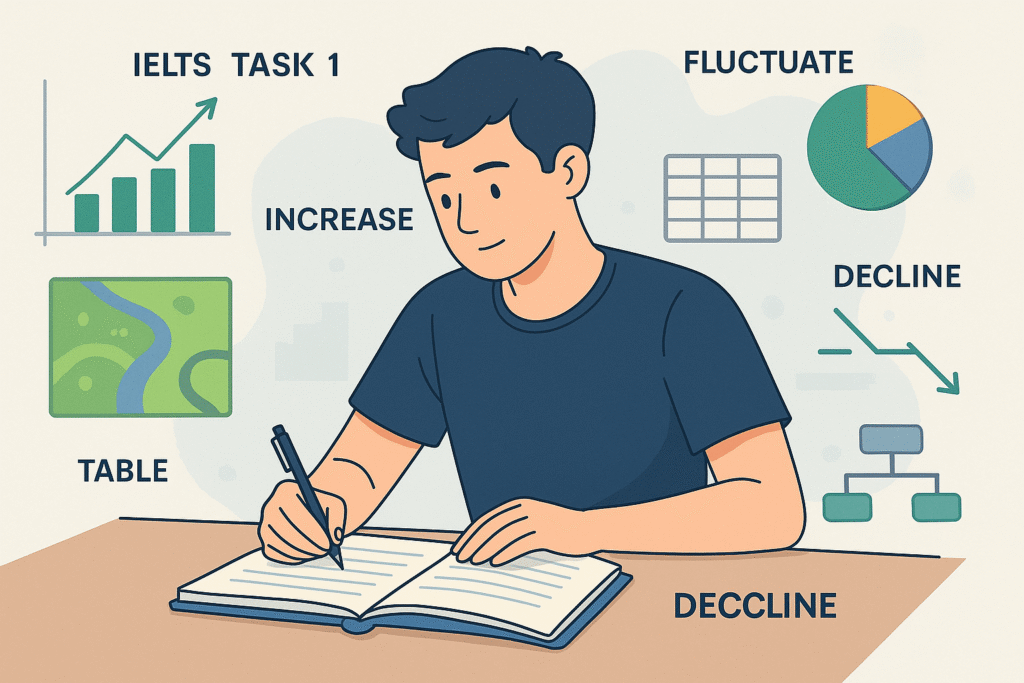 IELTS Writing Task 1 vocabulary for line graphs, bar charts, pie charts, tables, maps, and process diagrams for Band 7+ essays